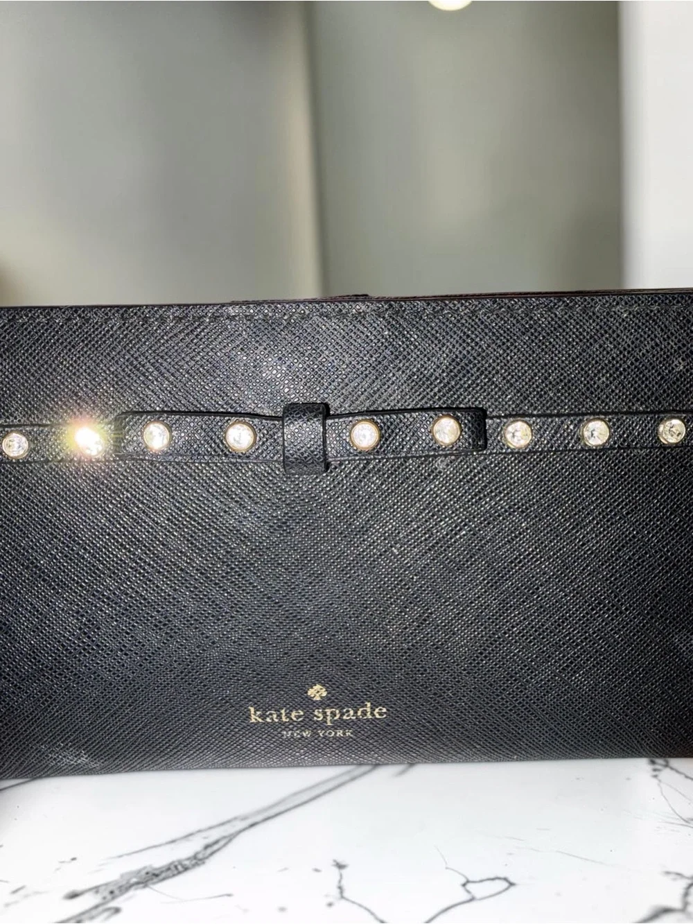 kate spade Black Saffiano Leather wallet with gem -Stud Bow Trim